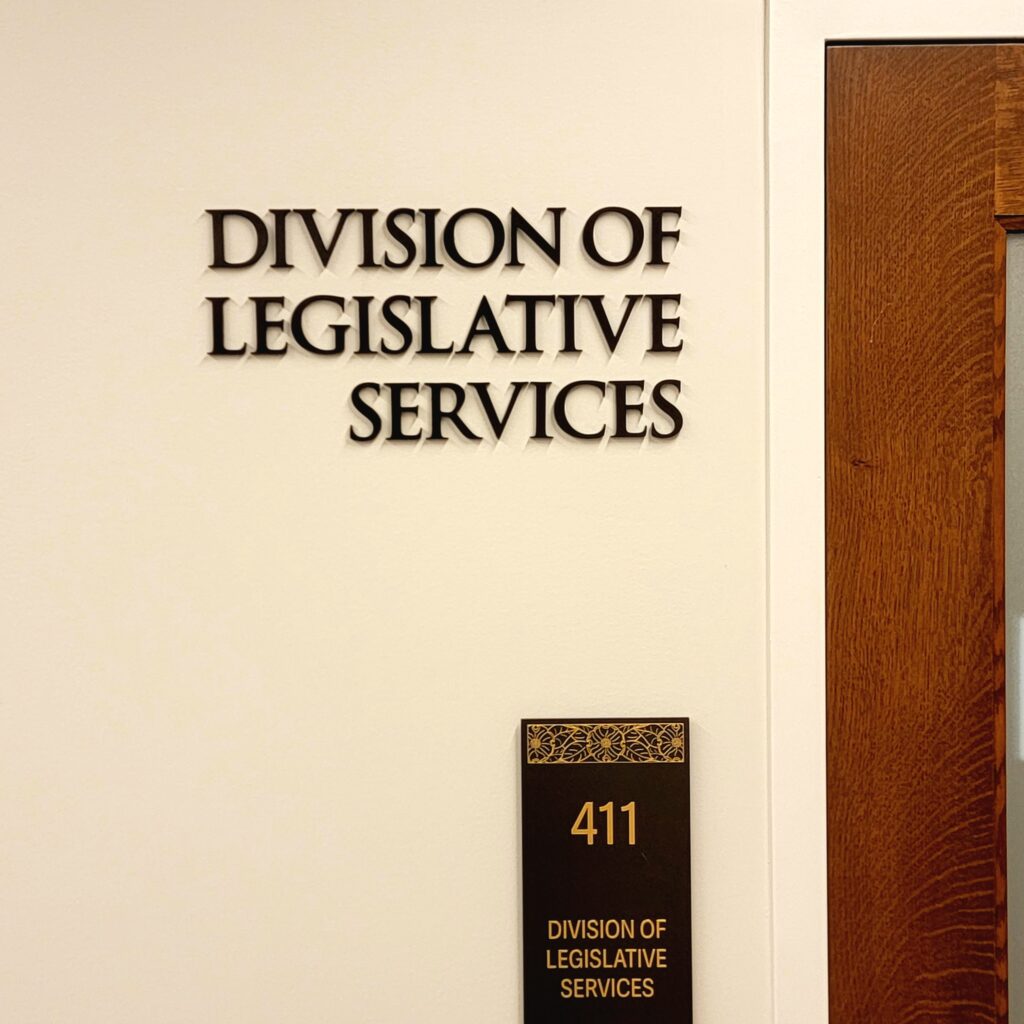 Picture of the door to the Division of Legislative Services on the 4th floor of the General Assembly Building