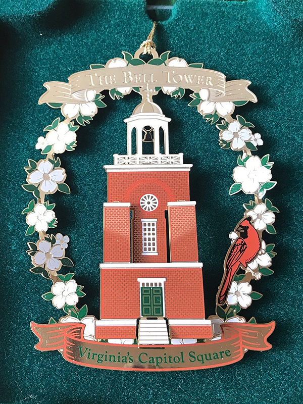 The Second Annual Virginia Capitol Ornament, introduced in 2013, features the historic Bell Tower.