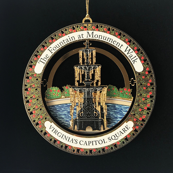 The 2017 ornament, "The Fountain at Monument Walk" ornament represents the fountain location at the base of Monument Walk.
