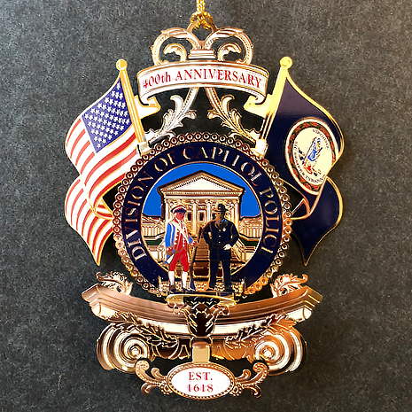 Seventh in a series of collectible ornaments, the 2018 Official Capitol Square Ornament celebrates The 400th Anniversary of the Capitol Police, a beloved institution on Capitol Square.