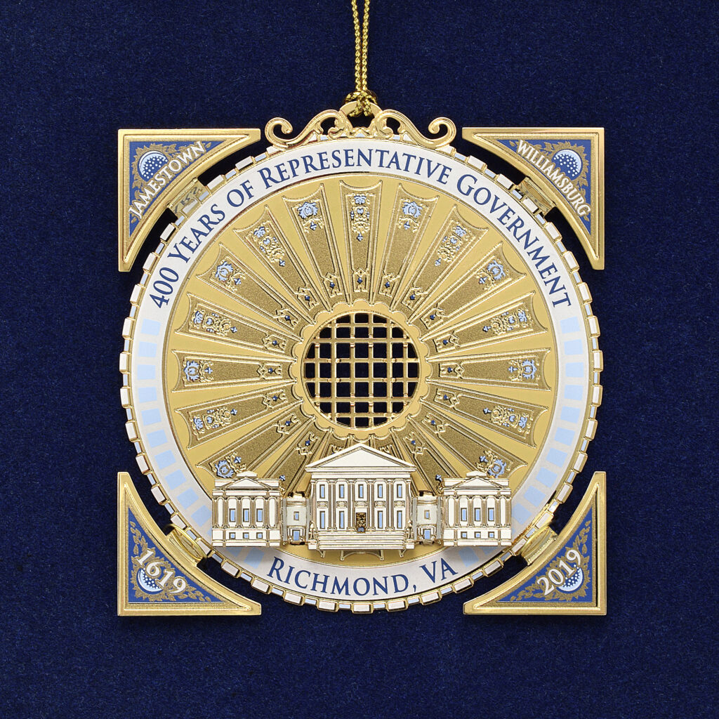The Capitol dome is the inspiration for the 2019 ornament, as a symbol of the 400th anniversary of the planting of democracy in Virginia and the continued strength of the representative government in America.